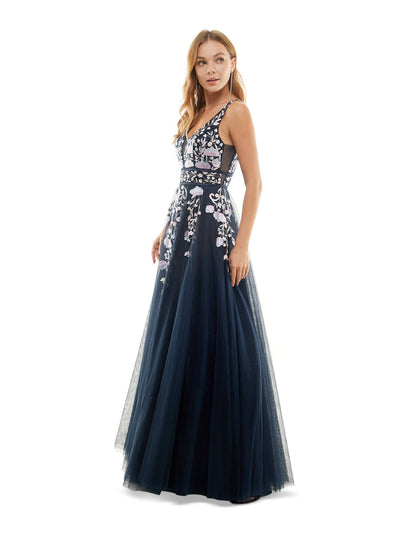 SAY YES TO THE PROM Womens Navy Rhinestone Zippered V Back Tulle Lined Sheer Floral Sleeveless V Neck Full-Length Formal Gown Dress Juniors 3