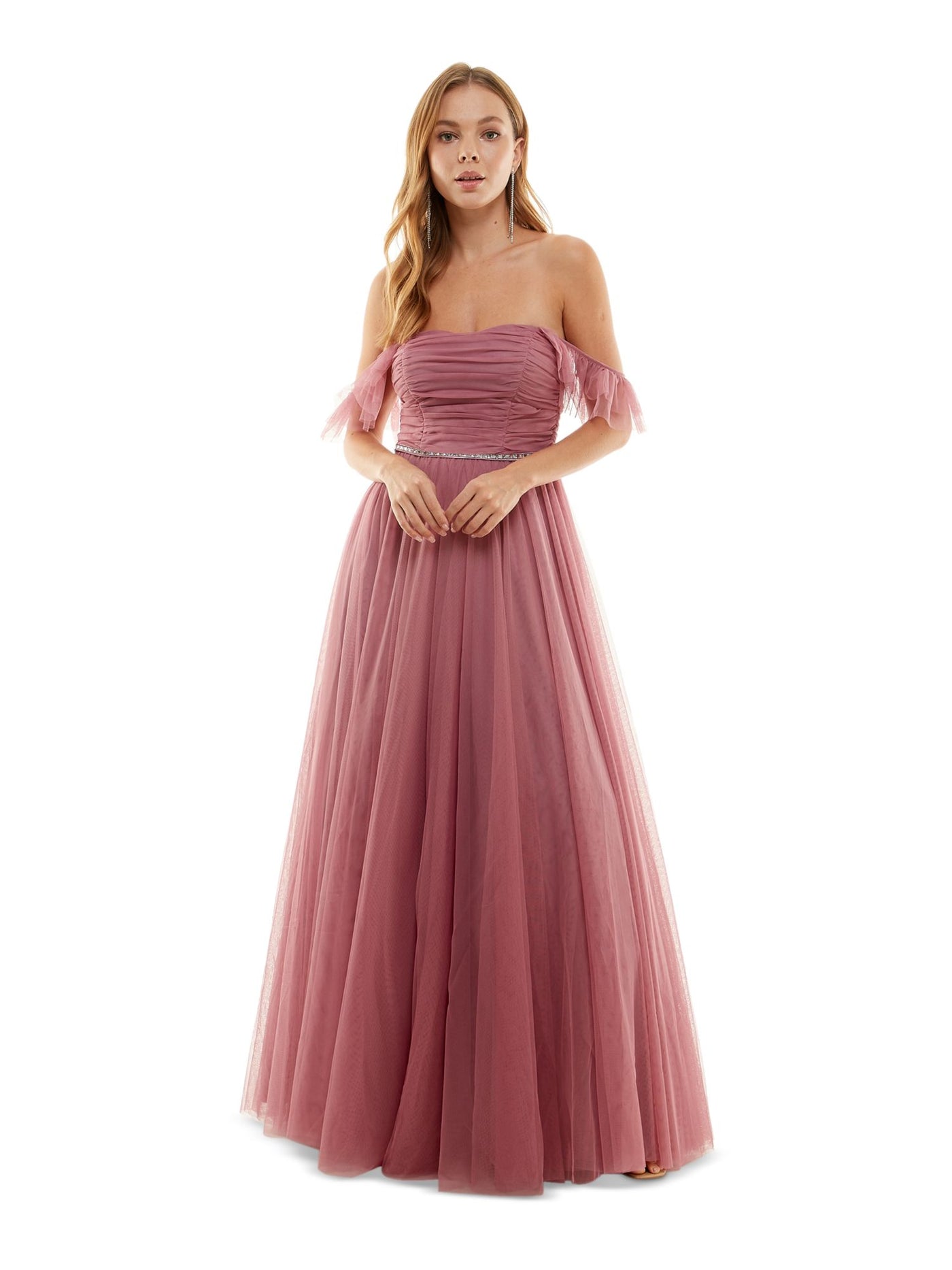 CITY STUDIO Womens Pink Ruffled Ruched Off Shoulder Straps Zippered Sweetheart Neckline Full-Length Formal Gown Dress Juniors 7