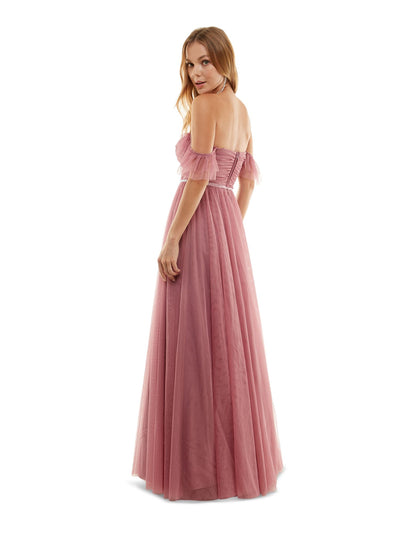 CITY STUDIO Womens Pink Ruffled Ruched Off Shoulder Straps Zippered Sweetheart Neckline Full-Length Formal Gown Dress Juniors 7