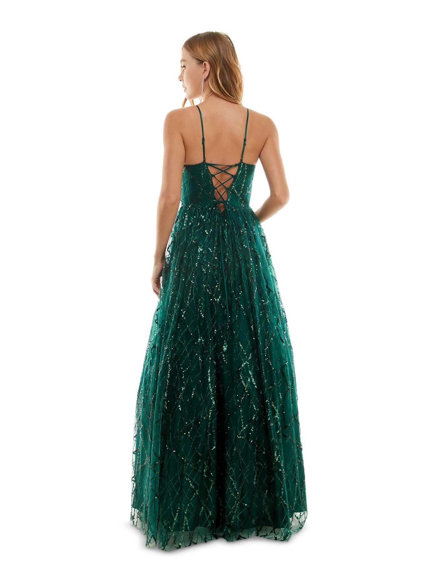 SAY YES TO THE PROM Womens Green Zippered Sequined Glitter Tulle Mesh Spaghetti Strap V Neck Full-Length Formal Gown Dress Juniors 3