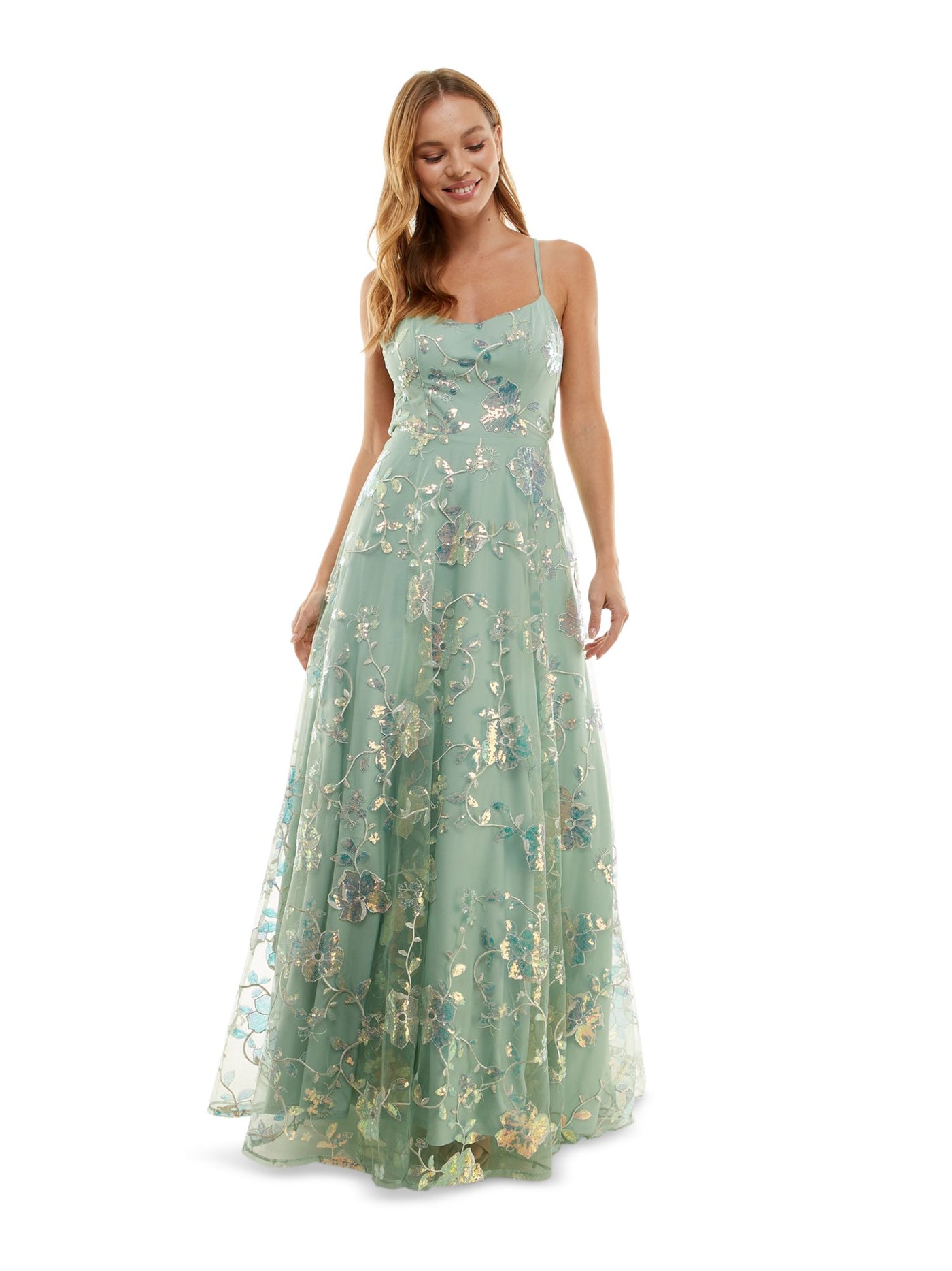 SAY YES TO THE PROM Womens Green Zippered Sequined Tulle Lined Padded Strappy Back Floral Spaghetti Strap Scoop Neck Full-Length Party Gown Dress Juniors 11
