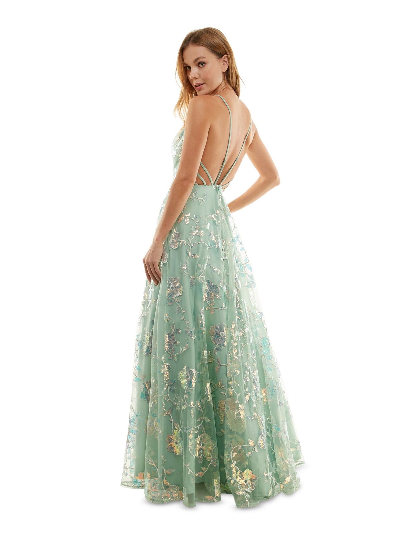 SAY YES TO THE PROM Womens Green Zippered Sequined Tulle Lined Padded Strappy Back Floral Spaghetti Strap Scoop Neck Full-Length Party Gown Dress Juniors 11