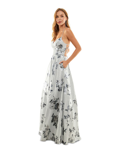 CITY STUDIO Womens Silver Zippered Lined Floral Sleeveless V Neck Full-Length Prom Gown Dress 3