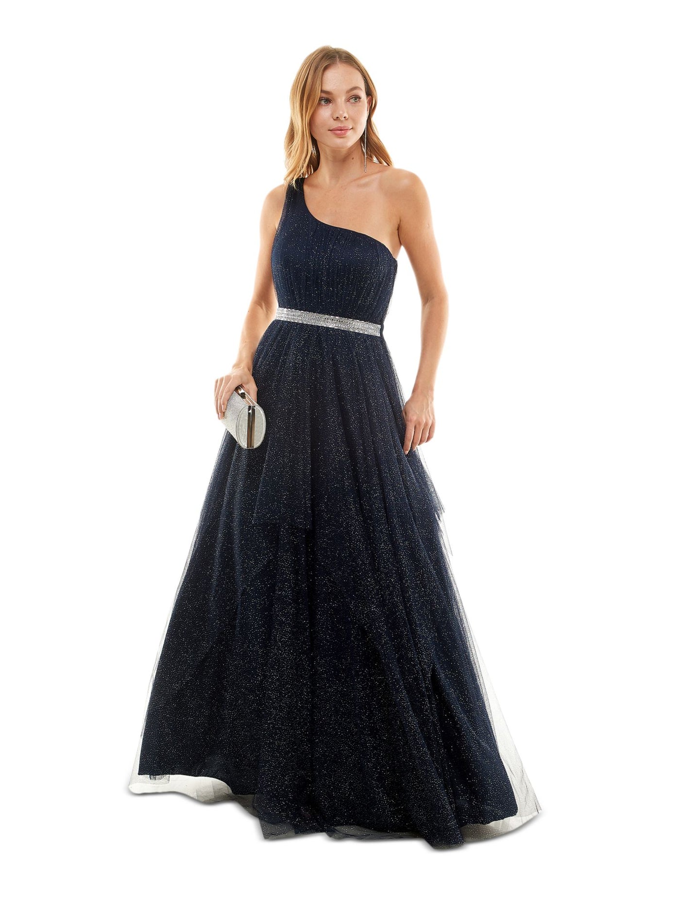 SAY YES TO THE PROM Womens Navy Zippered Embellished Lined Mesh Tulle Padded Sleeveless Asymmetrical Neckline Full-Length Formal Gown Dress Juniors 3