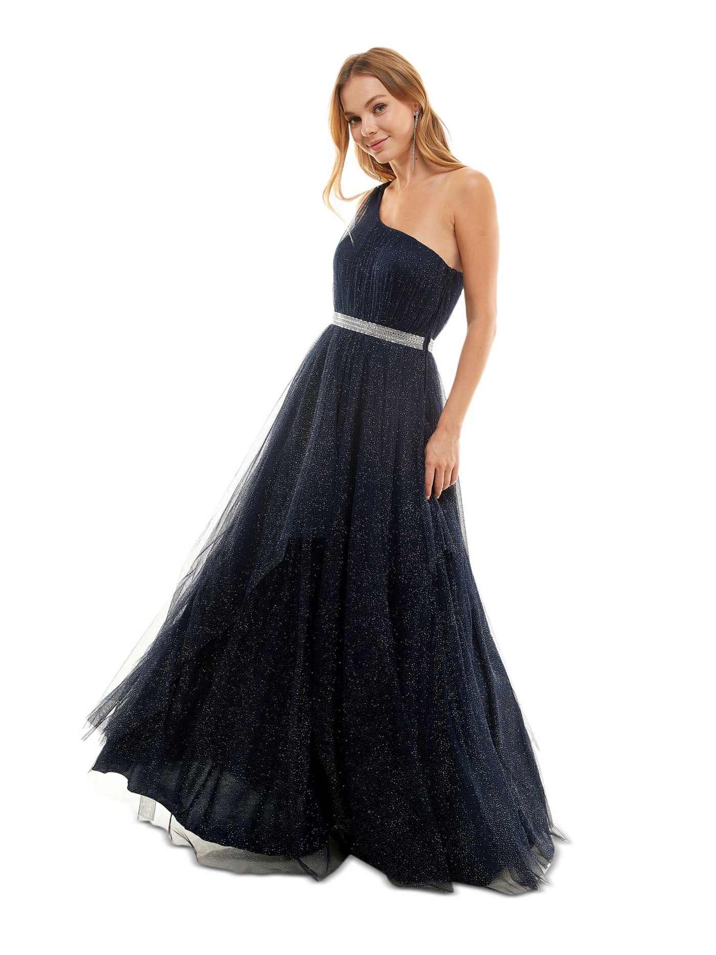 SAY YES TO THE PROM Womens Navy Zippered Embellished Lined Mesh Tulle Padded Sleeveless Asymmetrical Neckline Full-Length Formal Gown Dress Juniors 1