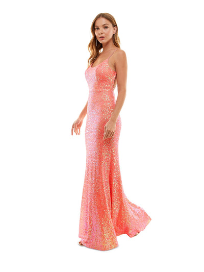 CITY STUDIO Womens Coral Zippered Lined Strappy Open Back Spaghetti Strap Scoop Neck Full-Length Prom Gown Dress 7