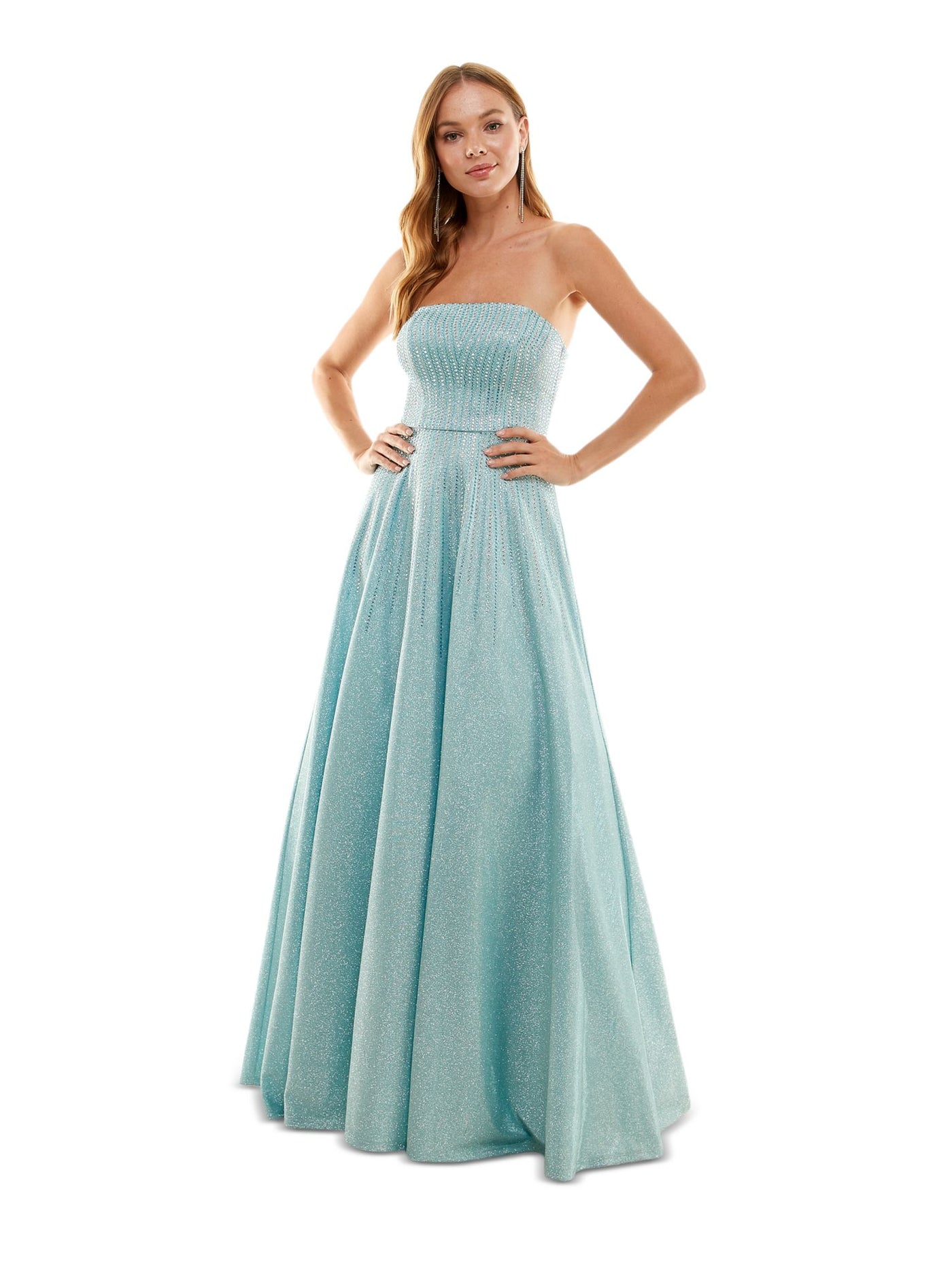 SAY YES TO THE PROM Womens Light Blue Embellished Zippered Padded Lined Tulle Lace Up Back Sleeveless Strapless Full-Length Formal Gown Dress Juniors 7