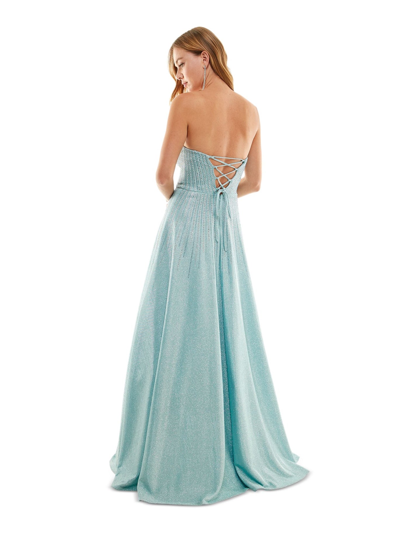 SAY YES TO THE PROM Womens Light Blue Embellished Zippered Padded Lined Tulle Lace Up Back Sleeveless Strapless Full-Length Formal Gown Dress Juniors 7