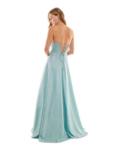 SAY YES TO THE PROM Womens Light Blue Embellished Zippered Padded Lined Tulle Lace Up Back Sleeveless Strapless Full-Length Formal Gown Dress Juniors 1