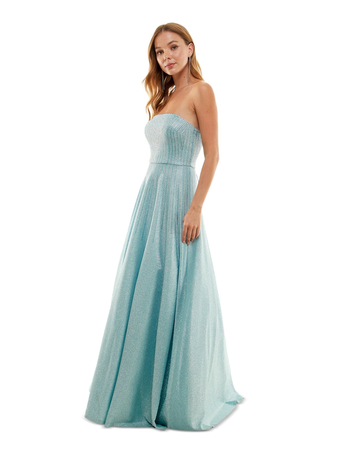 SAY YES TO THE PROM Womens Light Blue Embellished Zippered Padded Lined Tulle Lace Up Back Sleeveless Strapless Full-Length Formal Gown Dress Juniors 9