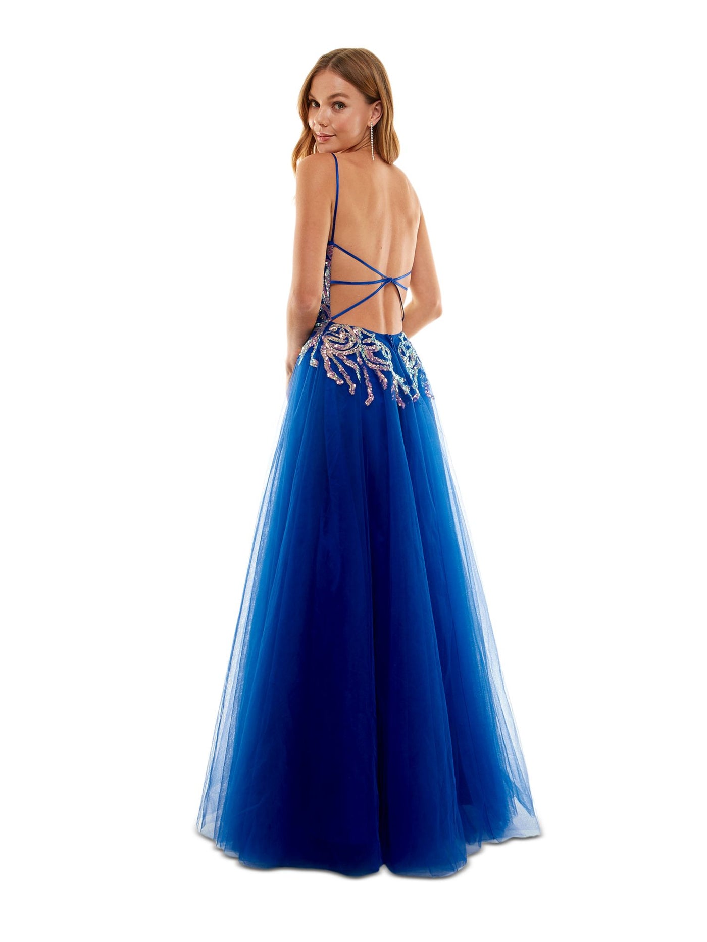 SAY YES TO THE PROM Womens Blue Zippered Lined Mesh Tulle Sheer Lace Up Back Spaghetti Strap V Neck Full-Length Party Gown Dress Juniors 5