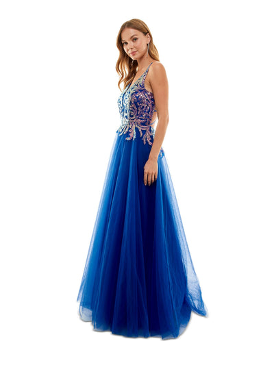 SAY YES TO THE PROM Womens Blue Zippered Lined Mesh Tulle Sheer Lace Up Back Spaghetti Strap V Neck Full-Length Party Gown Dress Juniors 5