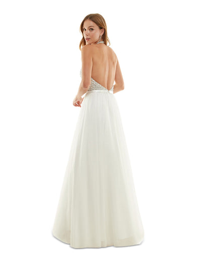 SAY YES TO THE PROM Womens White Open Back Zippered Belted Lined Sleeveless Halter Full-Length Prom Gown Dress Juniors 3
