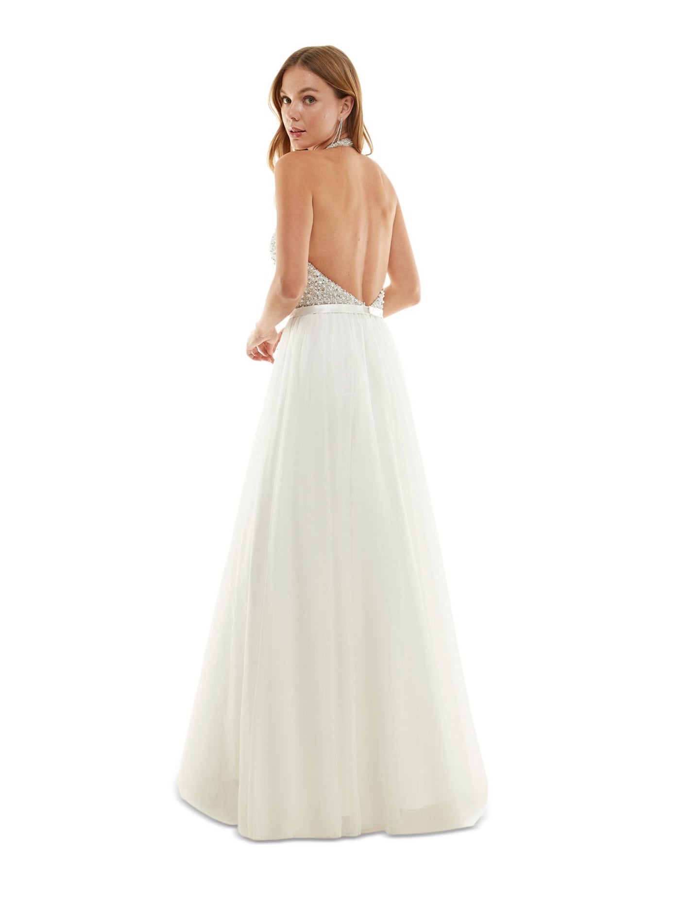 SAY YES TO THE PROM Womens White Open Back Zippered Belted Lined Sleeveless Halter Full-Length Prom Gown Dress Juniors 7