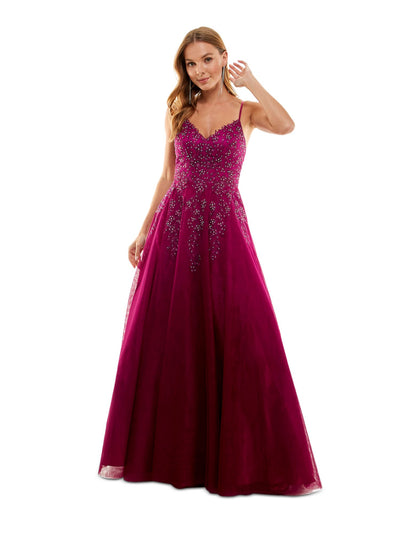 SAY YES TO THE PROM Womens Purple Mesh Embellished Zippered Lined Spaghetti Strap V Neck Full-Length Prom Gown Dress 13