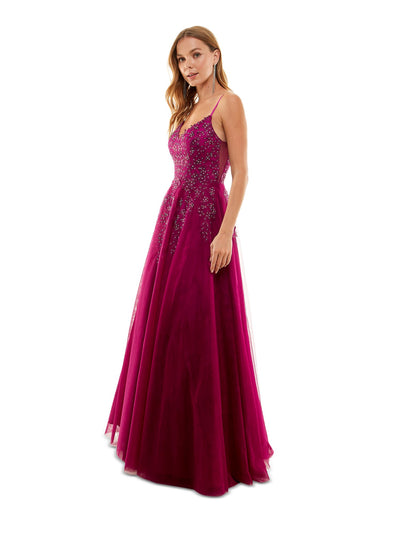 SAY YES TO THE PROM Womens Purple Mesh Embellished Zippered Lined Spaghetti Strap V Neck Full-Length Prom Gown Dress 13
