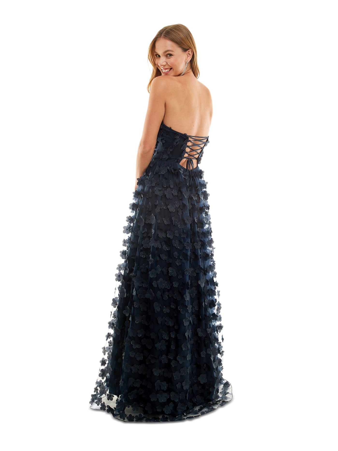 CITY STUDIO Womens Navy Zippered Lined Strapless Lace-up Open Back Sleeveless Sweetheart Neckline Full-Length Formal Gown Dress Juniors 1