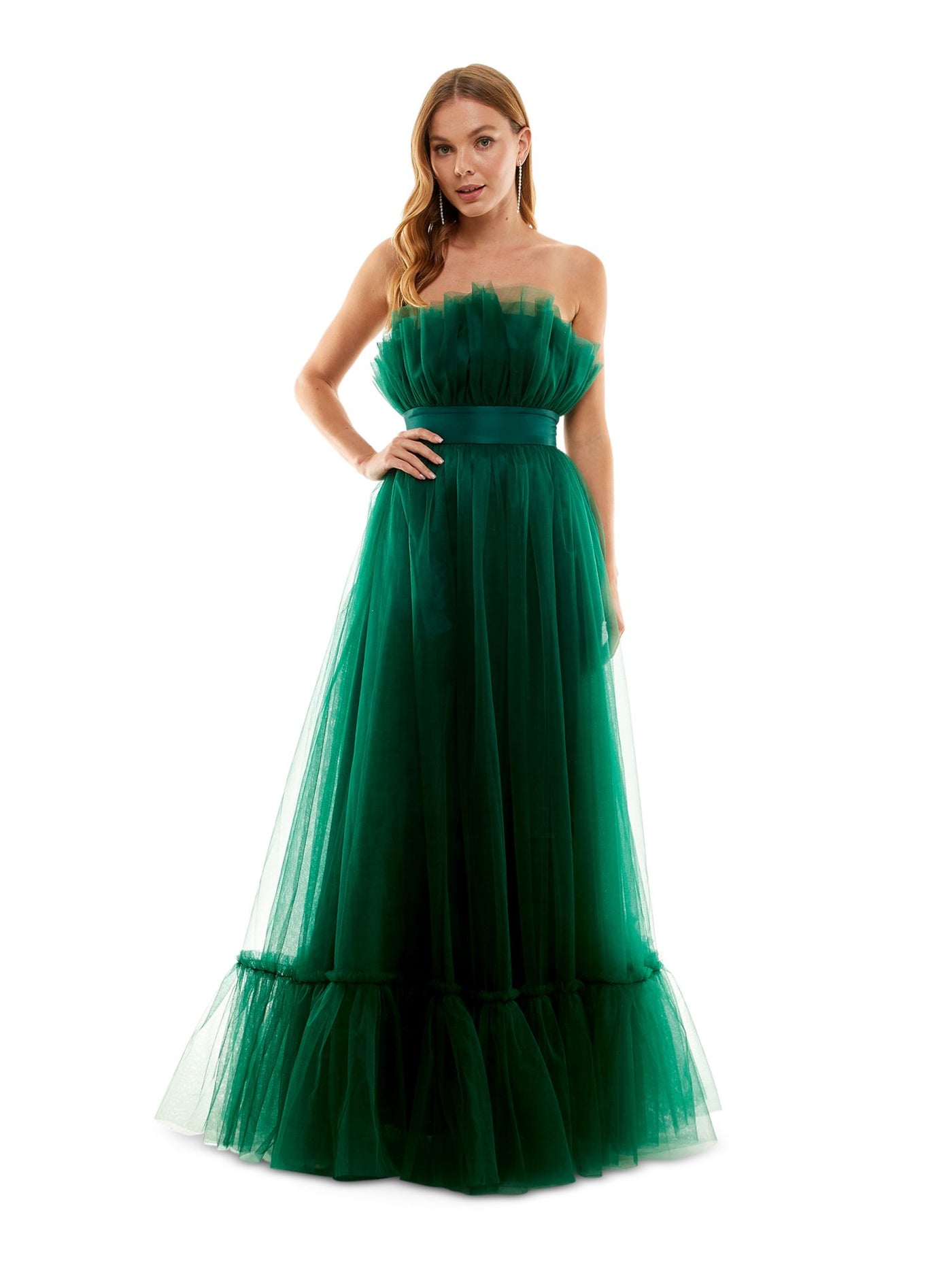 CITY STUDIO Womens Green Zippered Ruffled Layered Tulle Lined Sleeveless Strapless Full-Length  Gown Prom Dress Juniors 9