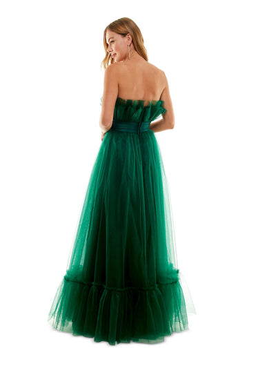 CITY STUDIO Womens Green Zippered Ruffled Layered Tulle Lined Sleeveless Strapless Full-Length  Gown Prom Dress Juniors 9