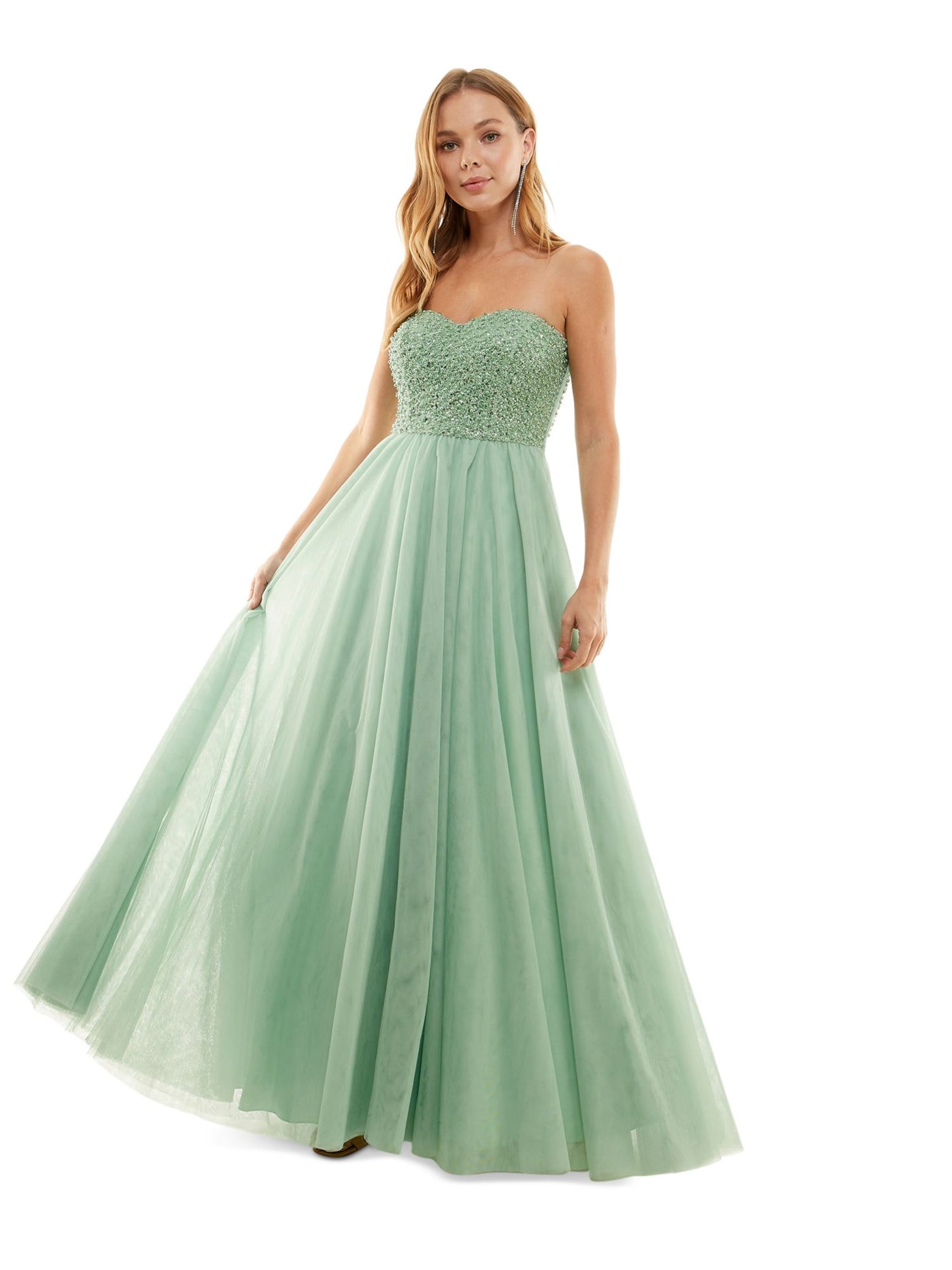 SAY YES TO THE PROM Womens Green Embellished Zippered Padded Lined Tulle Mesh Sleeveless Sweetheart Neckline Full-Length Party Gown Dress Juniors 9
