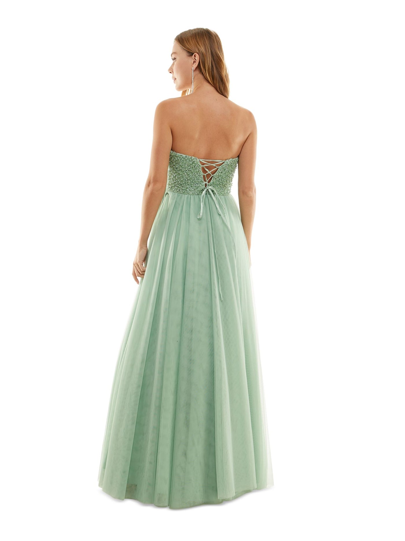 SAY YES TO THE PROM Womens Green Embellished Zippered Padded Lined Tulle Mesh Sleeveless Sweetheart Neckline Full-Length Party Gown Dress Juniors 0
