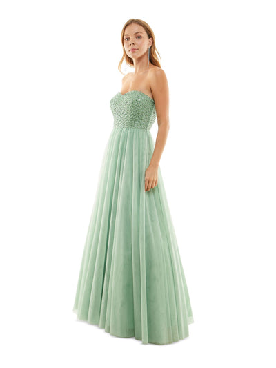 SAY YES TO THE PROM Womens Green Embellished Zippered Padded Lined Tulle Mesh Sleeveless Sweetheart Neckline Full-Length Party Gown Dress Juniors 3