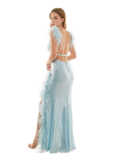 SAY YES TO THE PROM Womens Light Blue Open Back Zippered Feather Trim Front Slit Lined Sleeveless V Neck Full-Length Prom Gown Dress Juniors 13