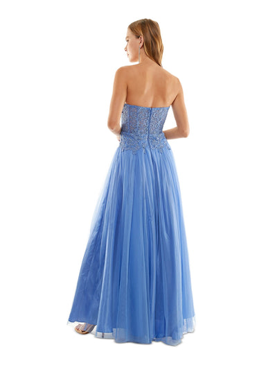 BCX DRESS Womens Blue Zippered Lined Embroidered Bustier Bodice Sleeveless Sweetheart Neckline Full-Length Formal Gown Dress Juniors 11