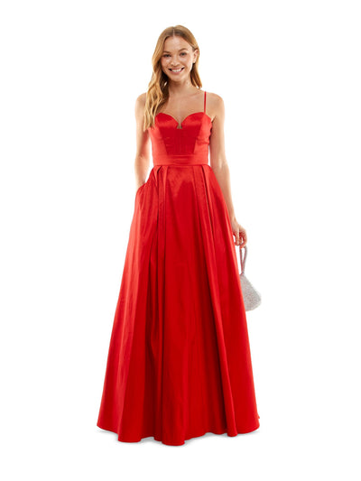 B DARLIN Womens Red Zippered Pleated Boned Corset Pocketed Lined Spaghetti Strap Sweetheart Neckline Full-Length Prom Gown Dress 1\2