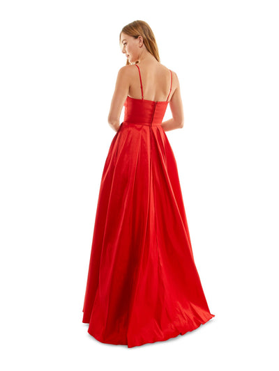 B DARLIN Womens Red Zippered Pleated Boned Corset Pocketed Lined Spaghetti Strap Sweetheart Neckline Full-Length Prom Gown Dress Juniors 3\4