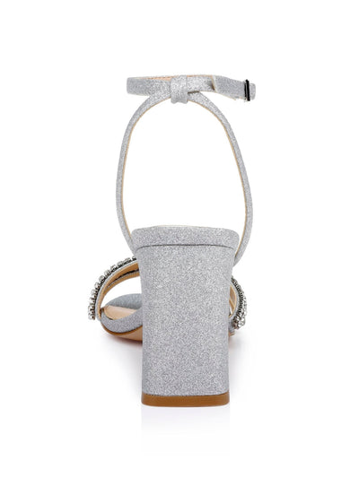 JEWEL BADGLEY MISCHKA Womens Silver Padded Embellished Ankle Strap Glitter Rosa Open Toe Flare Buckle Dress Sandals Shoes 6.5 M