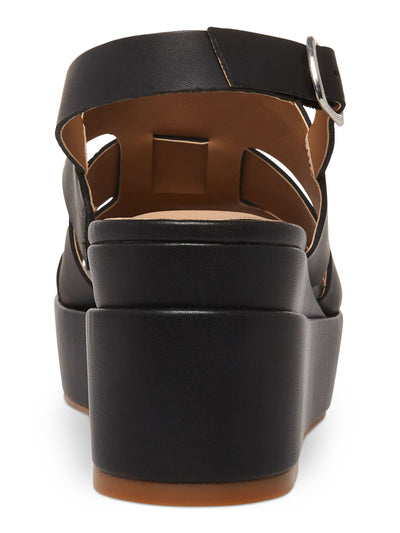 AQUA COLLEGE Womens Black 1" Platform Wide Straps Padded Nadi Round Toe Wedge Buckle Leather Slingback Sandal 9