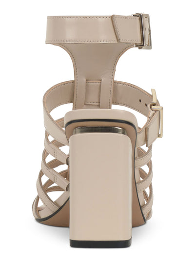 VINCE CAMUTO Womens Beige Strappy Buckle Ankle Strap Padded Hicheny Open Toe Block Heel Buckle Leather Heeled Gladiator Sandal 8.5 M