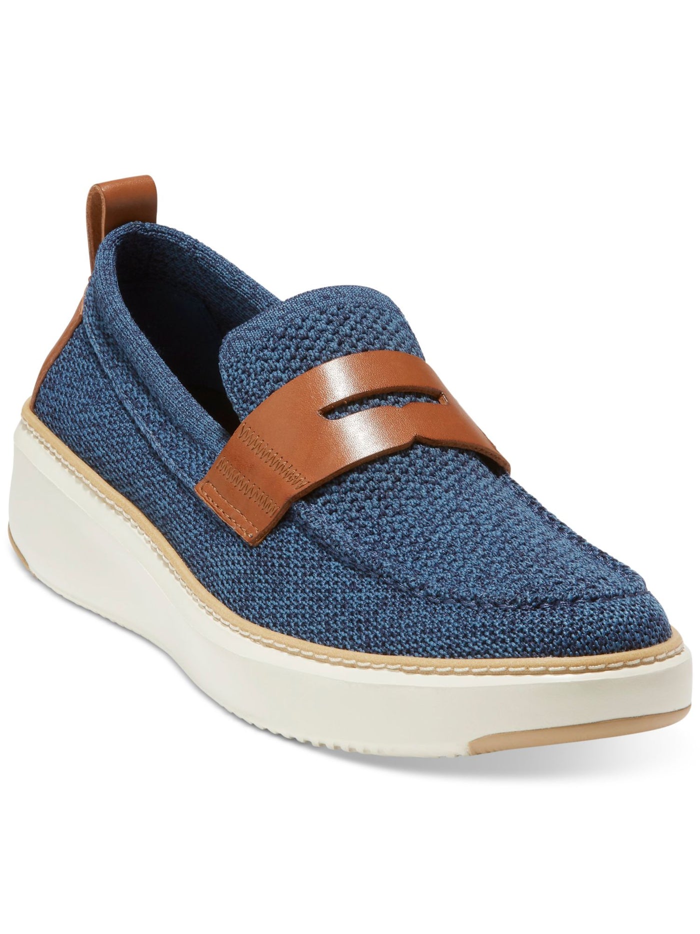 COLE HAAN GRANDSERIES Mens Blue Knit Contrast Penny Keeper Back Pull-Tab Cushioned Topspin Round Toe Wedge Slip On Loafers Shoes 13 M