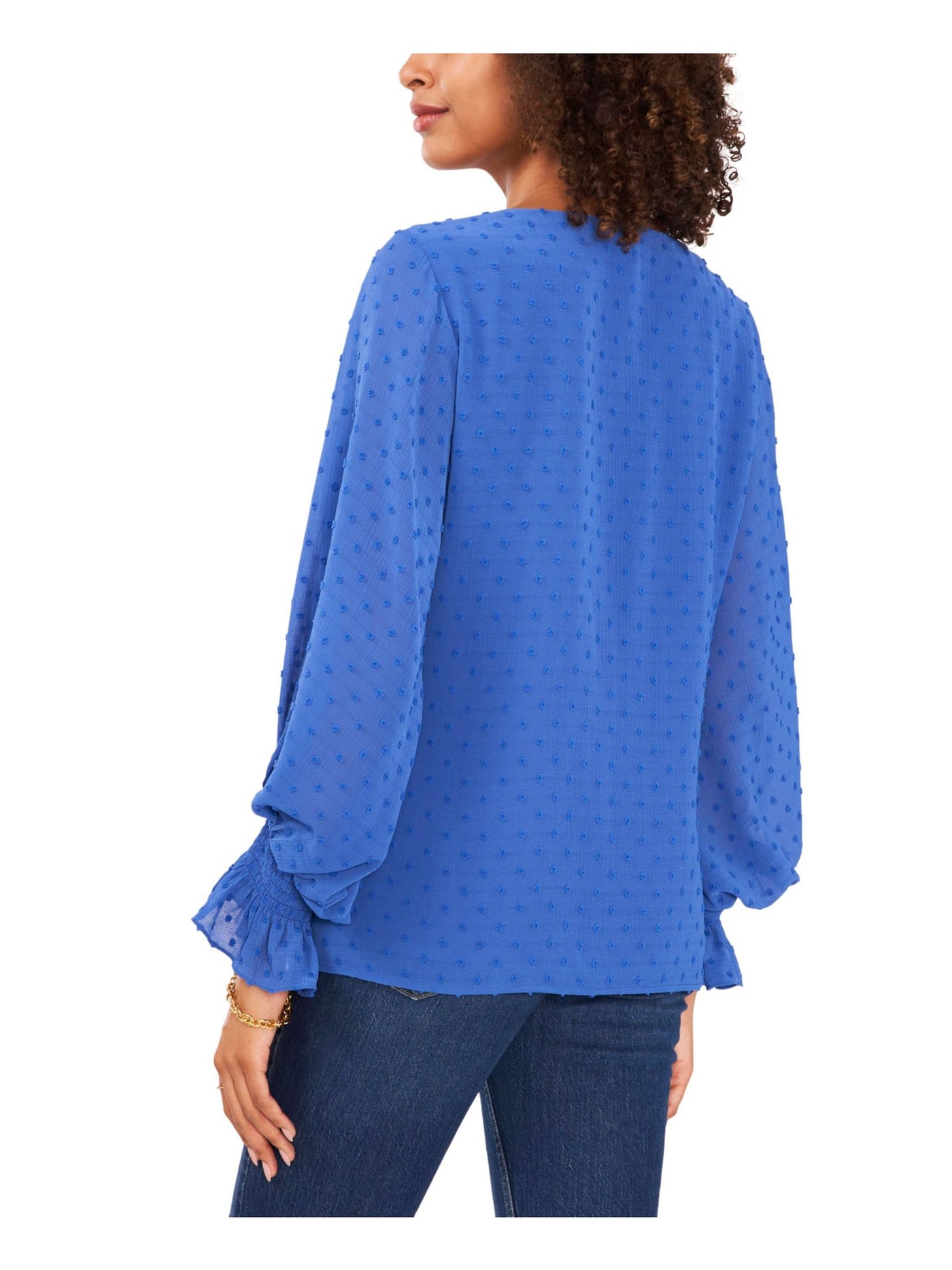 VINCE CAMUTO Womens Blue Smocked Lined Sheer Darted Long Sleeve V Neck Blouse S