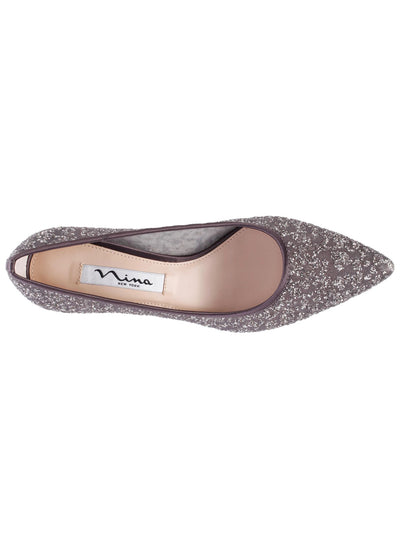 NINA NEW YORK Womens Gray Mixed Media Mesh Glitter Nikki Pointed Toe Kitten Heel Slip On Pumps Shoes 9.5 M