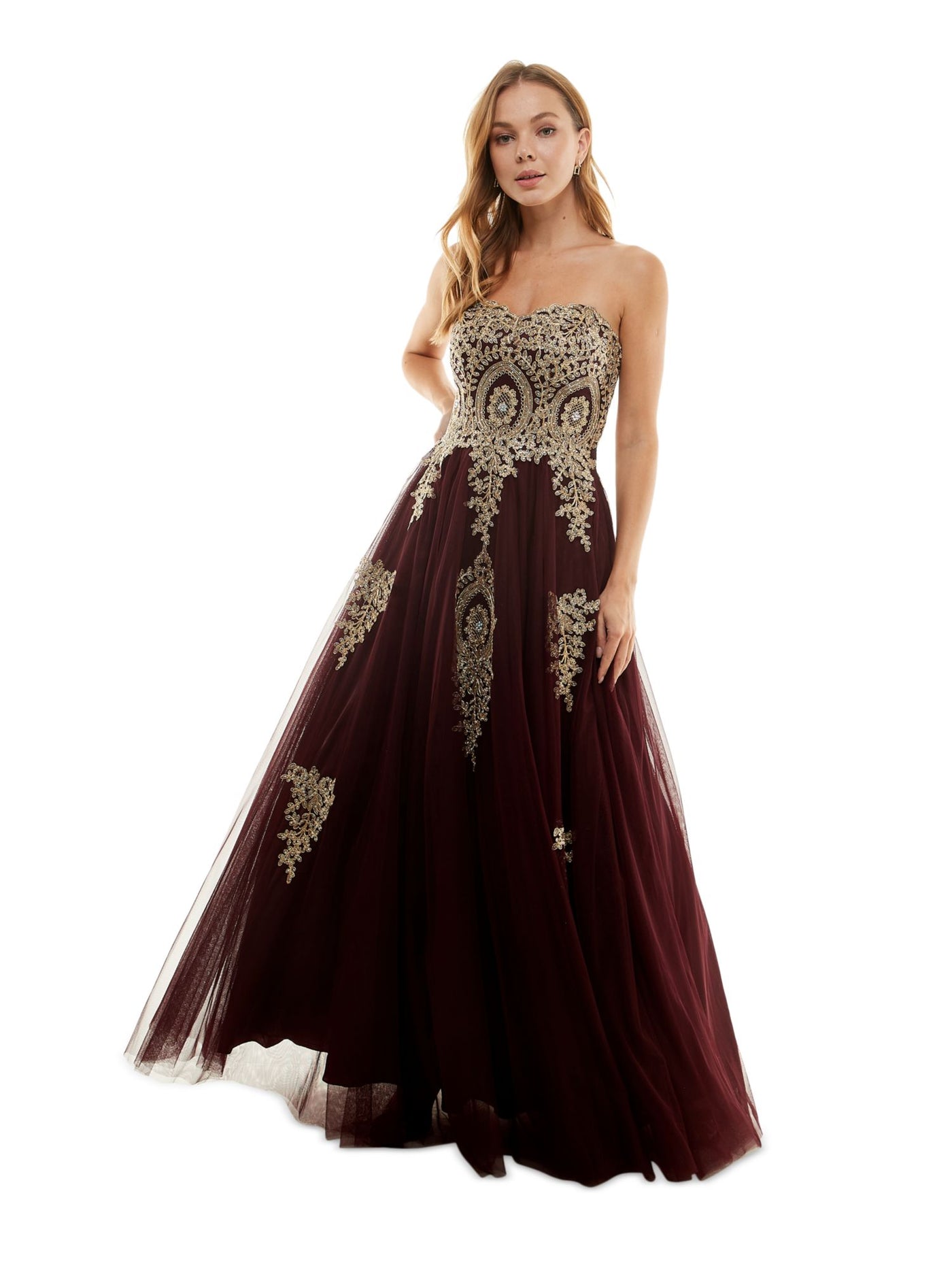 SAY YES TO THE PROM Womens Maroon Rhinestone Embroidered Lace-up Corset Zippered Tull Floral Sleeveless Sweetheart Neckline Full-Length Party Gown Dress Juniors 1
