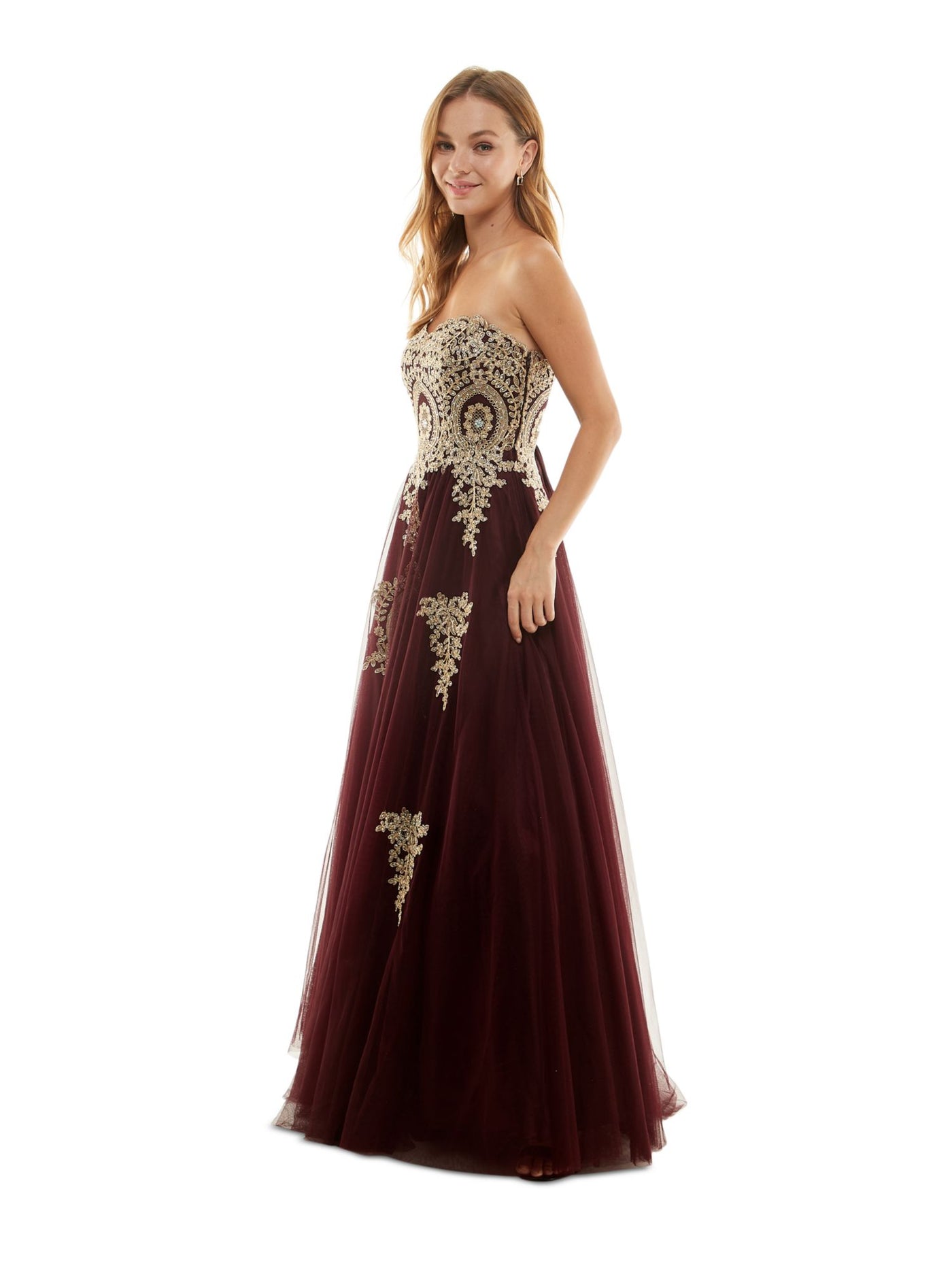 SAY YES TO THE PROM Womens Maroon Rhinestone Embroidered Lace-up Corset Zippered Tull Floral Sleeveless Sweetheart Neckline Full-Length Party Gown Dress Juniors 7