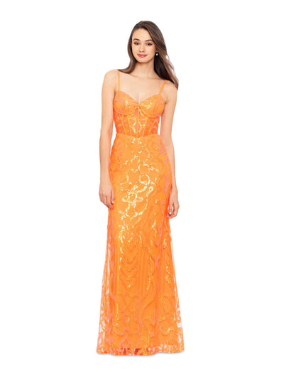 BLONDIE NITES Womens Orange Zippered Padded Cups Partially Lined Spaghetti Strap V Neck Full-Length Evening Gown Dress 1