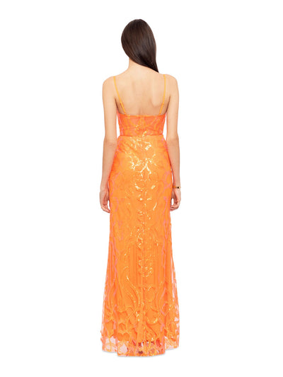 BLONDIE NITES Womens Orange Zippered Padded Cups Partially Lined Spaghetti Strap V Neck Full-Length Evening Gown Dress Juniors 1