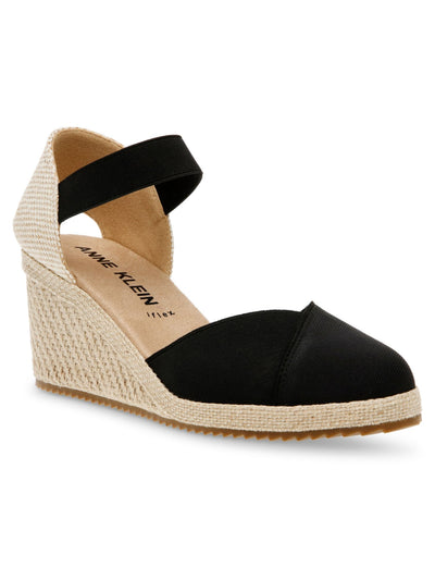 ANNE KLEIN Womens Black Mixed Media Elastic Ankle Strap Cut Out Treaded Stretch Padded Zuri Round Toe Wedge Slip On Espadrille Shoes 8 M
