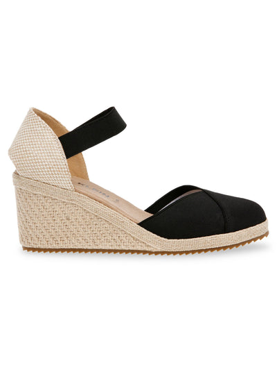 ANNE KLEIN Womens Black Mixed Media Elastic Ankle Strap Cut Out Treaded Stretch Padded Zuri Round Toe Wedge Slip On Espadrille Shoes 8 M
