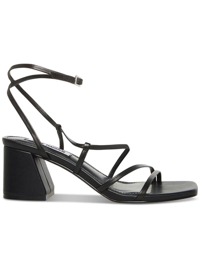 STEVE MADDEN Womens Black Strappy Asymmetrical Padded Ankle Strap Alyce Square Toe Flare Buckle Leather Dress Heeled Sandal 11