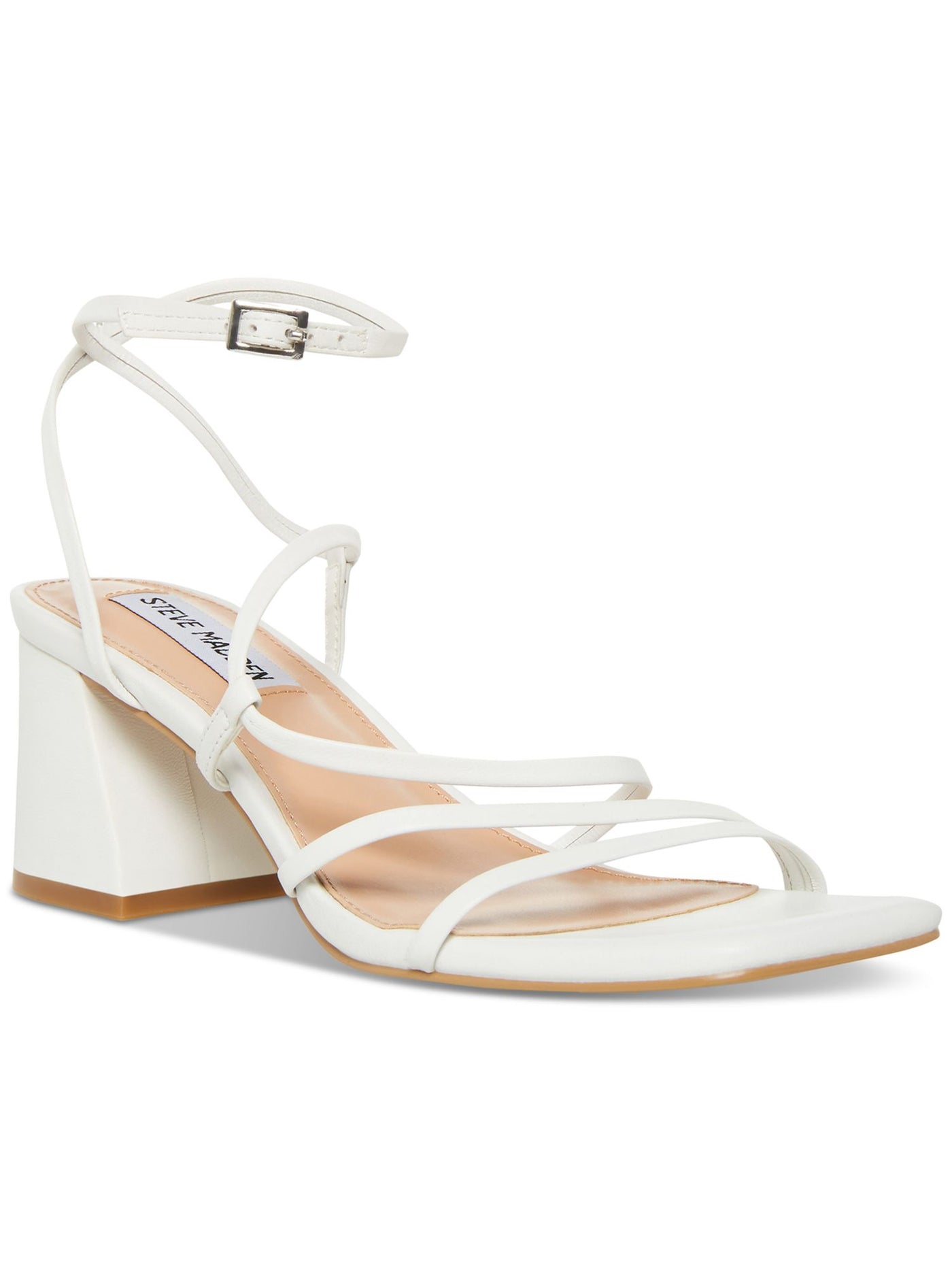 STEVE MADDEN Womens White Padded Asymmetrical Ankle Strap Alyce Square Toe Flare Buckle Leather Heeled Sandal 8.5 M