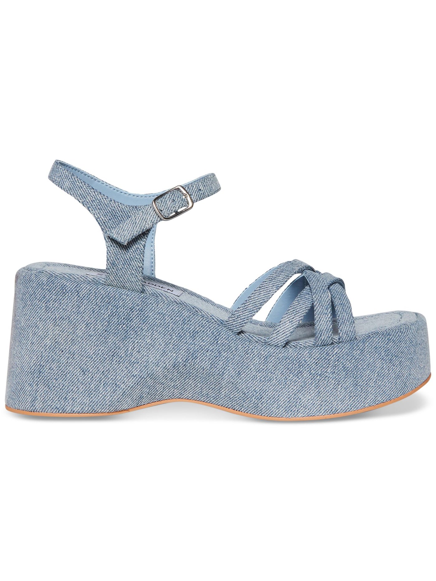 STEVE MADDEN Womens Blue Denim 1-1/2" Platform Ankle Strap Strappy Padded Crazy Square Toe Wedge Buckle Sandals Shoes 8.5 M