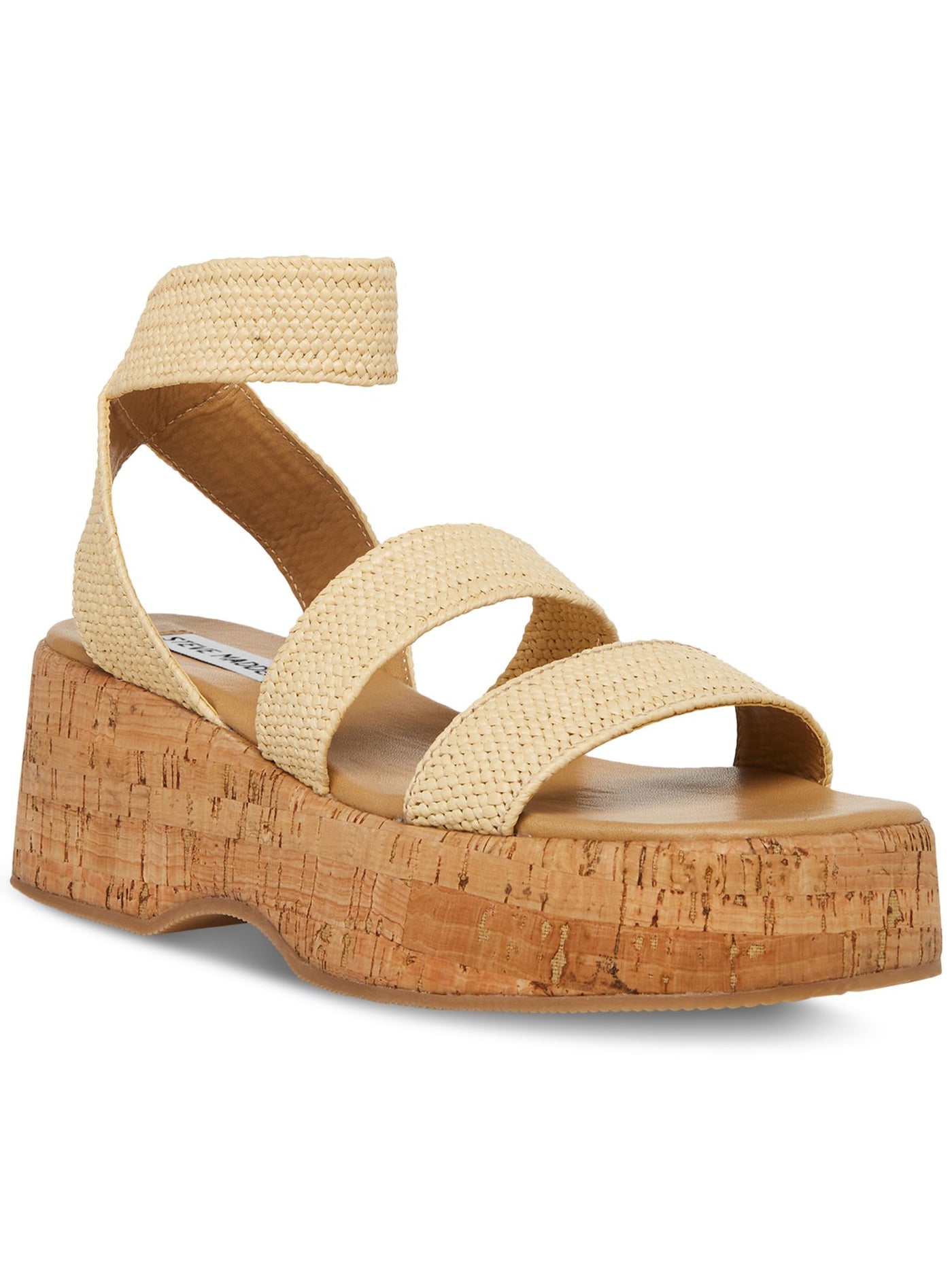 STEVE MADDEN Womens Beige 1-1/2" Cork-Like Platform Padded Woven Ankle Strap Sashes Square Toe Wedge Slip On Heeled Sandal 8 M