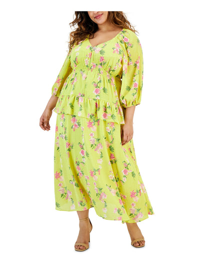 TAYLOR Womens Yellow Ruffled Lined Smocked Waist Floral 3/4 Sleeve V Neck Maxi Wear To Work Empire Waist Dress Plus 22W