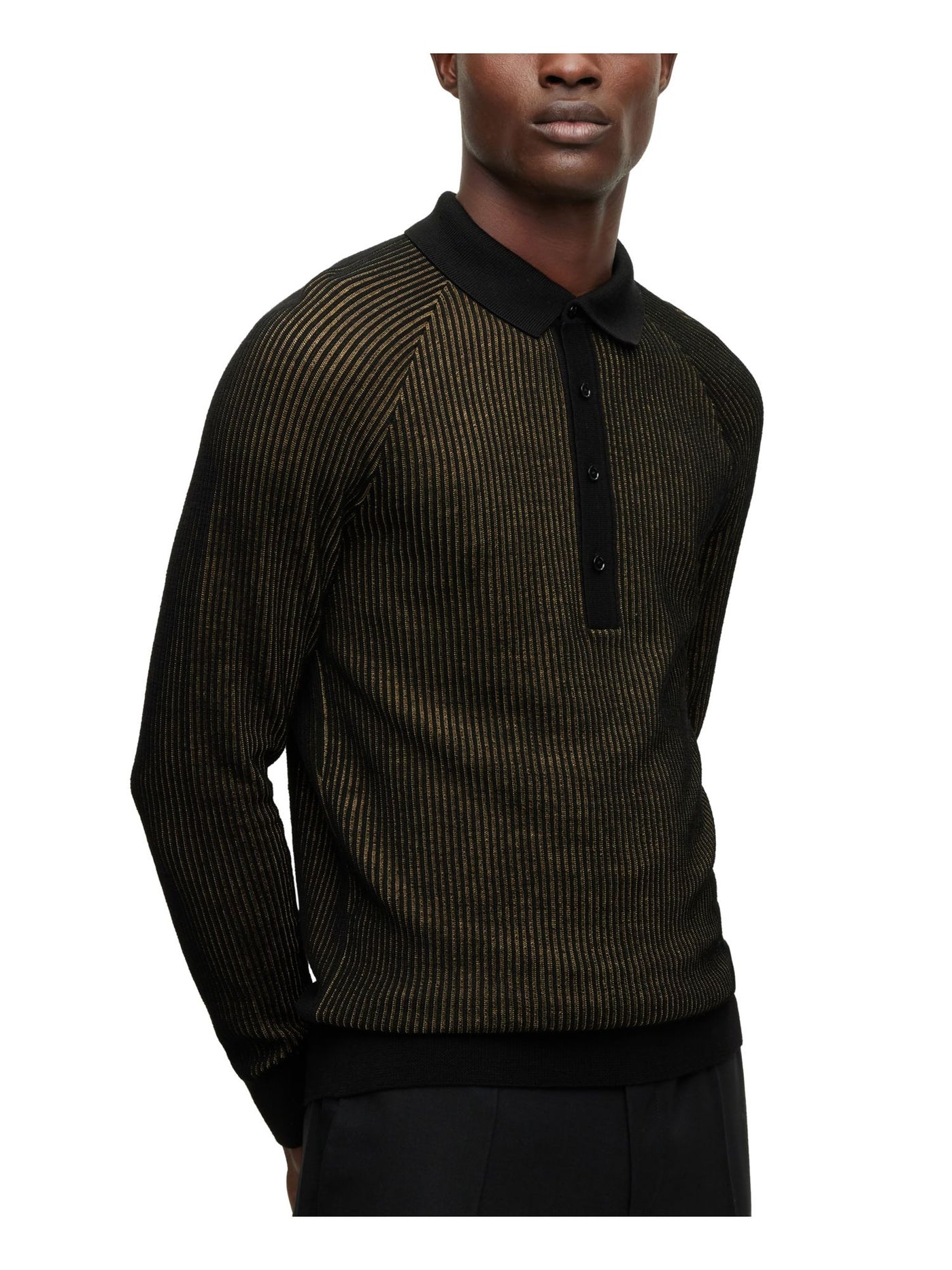 BOSS Mens Black Striped Long Sleeve Collared Slim Fit Pullover Sweater L