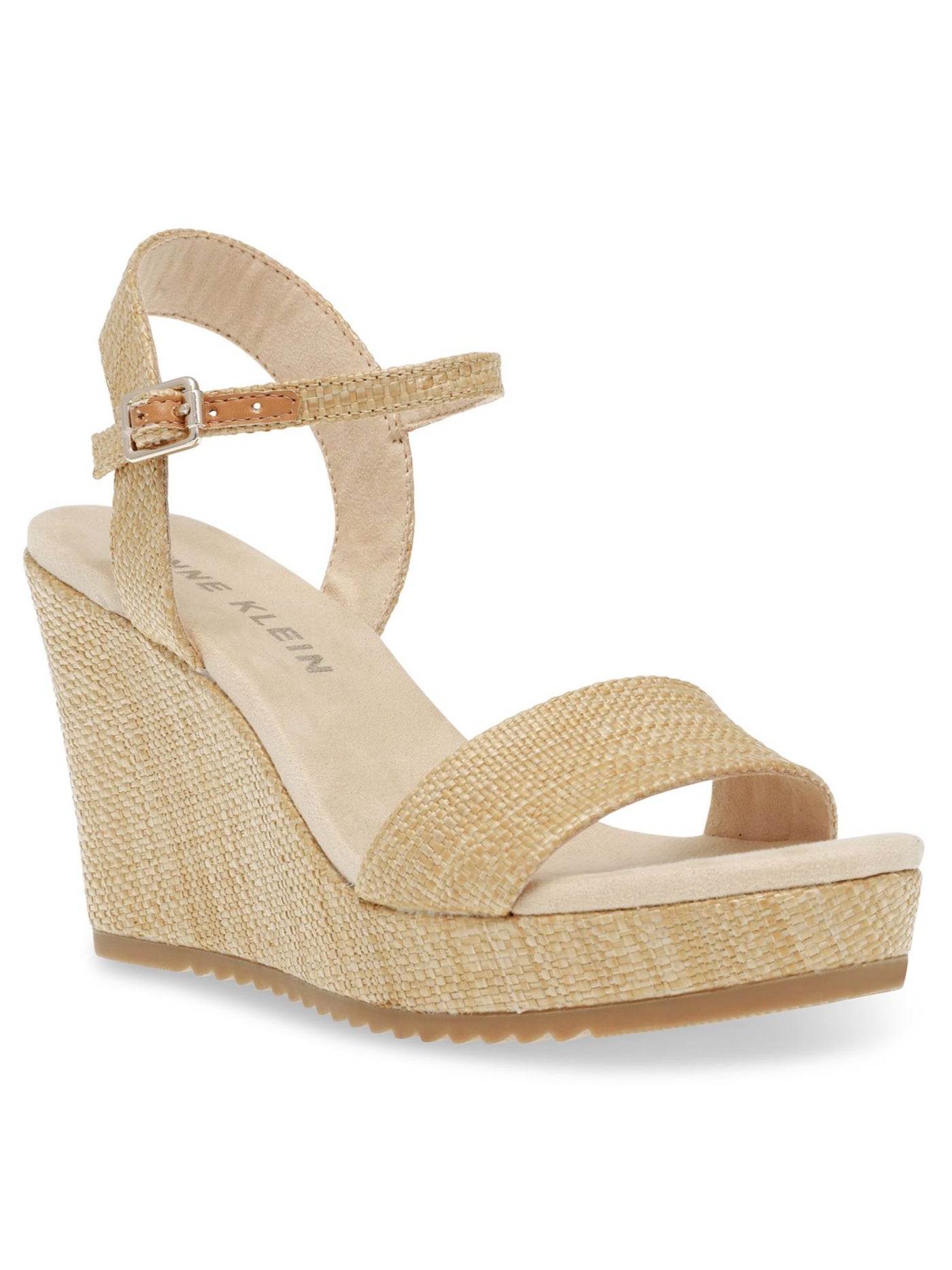 ANNE KLEIN Womens Beige Woven Padded Ankle Strap Adjustable Wella Round Toe Wedge Buckle Heeled Sandal 10.5 M