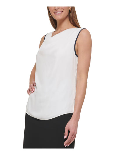 DKNY Womens White Lined Keyhole Back Slitted Curved Hem Sleeveless Cowl Neck Wear To Work Blouse Petites PXL